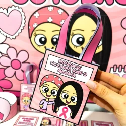 Lembrancinhas do Kit Outubro Rosa com tema de conscientização.