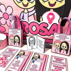 Kit Outubro Rosa com personagens e lembrancinhas para conscientização.