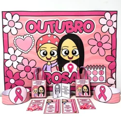Decoração de Outubro Rosa com elementos de conscientização e lembrancinhas.