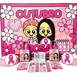 Decoração de Outubro Rosa com personagens e laços rosa.