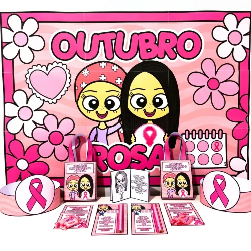 Decoração de Outubro Rosa com personagens e laços rosa.