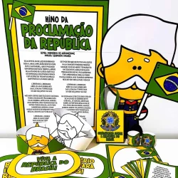 Material educativo sobre a Proclamação da República com elementos patrióticos brasileiros.