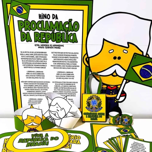 Material educativo sobre a Proclamação da República com elementos patrióticos brasileiros.