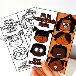 Cartões coloridos com ilustrações de crianças negras para o Dia da Consciência Negra.