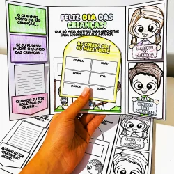 Atividades educativas para o Dia das Crianças com desenhos de crianças felizes.