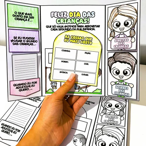 Atividades educativas para o Dia das Crianças com desenhos e espaço para respostas.