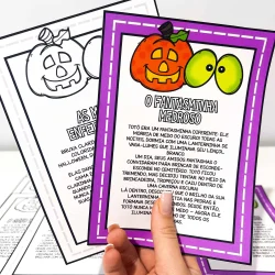 Livro infantil com tema de Halloween e desenhos de abóbora e olhos assustadores.