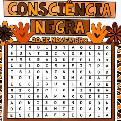 Painel de caça-palavras sobre o Dia da Consciência Negra com tema afro-brasileiro.