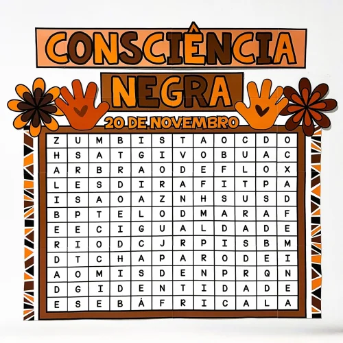 Painel de caça-palavras sobre Consciência Negra para atividades educativas.