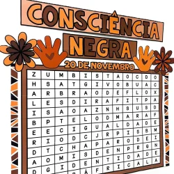 Painel de caça-palavras sobre Consciência Negra com tema de 20 de novembro.