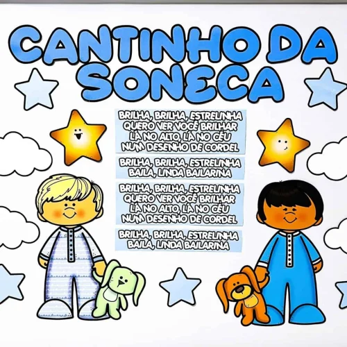 Painel infantil com crianças e estrelas brilhantes para o Cantinho da Soneca.