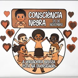 Painel com crianças negras celebrando a diversidade e a consciência negra.