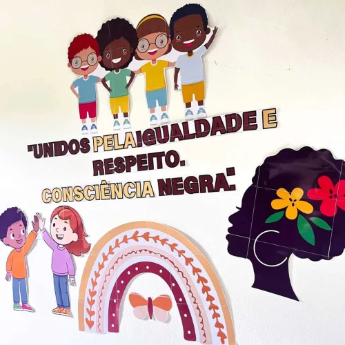 Ilustração de crianças diversas com mensagem de respeito e igualdade.