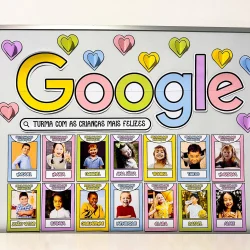 Painel do Google com crianças felizes e corações coloridos.