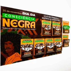 Painel interativo sobre consciência negra e racismo para educação antirracista.