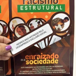 Painel com imagens e texto sobre racismo estrutural e sociedade.