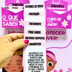 Cartaz informativo sobre fatores de risco e prevenção do câncer de mama.
