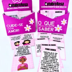Painel Outubro Rosa com mensagens de conscientização e prevenção do câncer de mama.