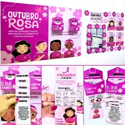 Painel Outubro Rosa com mensagens de conscientização e prevenção do câncer de mama.