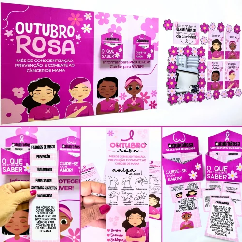 Painel Outubro Rosa com mensagens de conscientização e prevenção do câncer de mama.