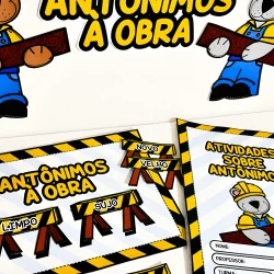 Atividades educativas sobre antônimos com personagens de desenho animado.