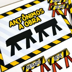 Imagem com sinais de trânsito e palavras antônimas em destaque.