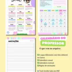 Calendário do Professor 2023 com anotações e calendário mensal.