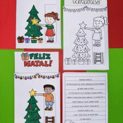 Cartão de Natal com árvore, presente e mensagem de Feliz Natal.