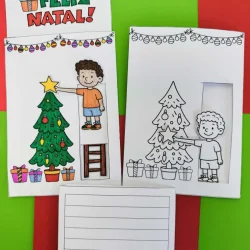 Cartão de Natal interativo com desenho de árvore e criança.