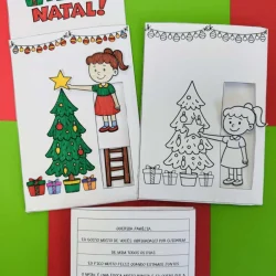 Cartão de Natal interativo com desenho de árvore e menina.
