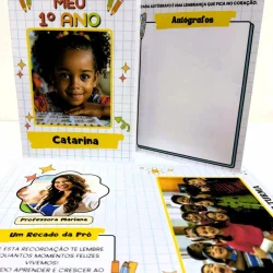 Cartão de recordação escolar com foto de criança e espaço para assinatura.
