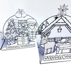Cenários de Natal para colorir com temas religiosos e festivos.