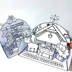 Cenário natalino para colorir com presépio e estrela.