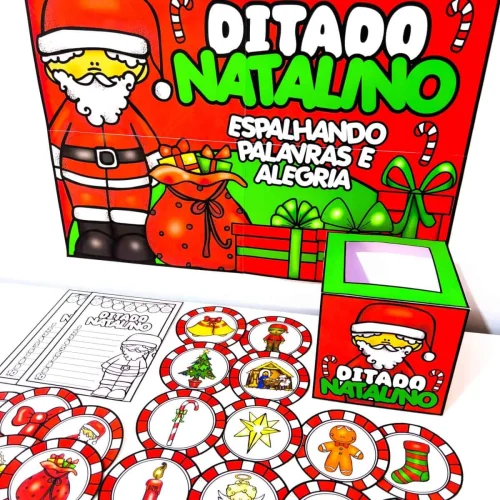 Atividades de ditado natalino com tema de Natal e Papai Noel.