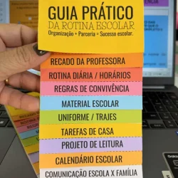 Cartões coloridos com rotina escolar e organização para professores.