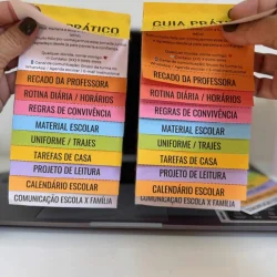 Etiquetas coloridas com tarefas e regras para rotina escolar.