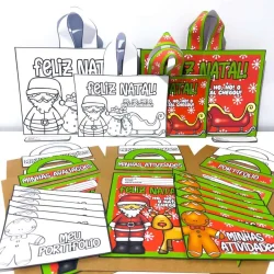 Kit de Natal com sacolinhas, capas para colorir e atividades educativas.