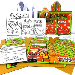 Materiais de Natal para crianças, incluindo sacolinhas, desenhos para colorir e atividades.