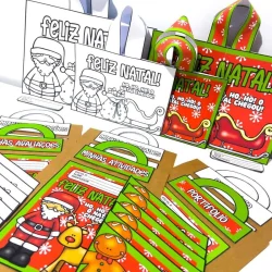 Kit de Natal com sacolinhas, capas e atividades para crianças.