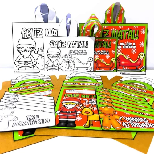 Materiais de Natal para crianças, incluindo sacolinhas, desenhos para colorir e atividades.