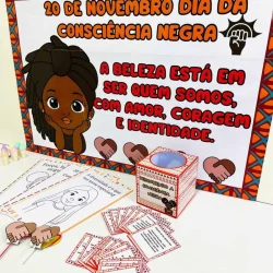 Material educativo sobre o Dia da Consciência Negra com mensagens de valorização.