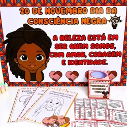 Material educativo sobre o Dia da Consciência Negra com mensagem de valorização.