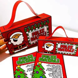 Lembrancinhas de Natal com tema de Papai Noel e árvore de Natal.
