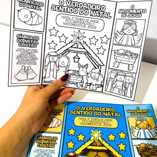 Ilustração de Natal cristão com símbolos e história do nascimento de Jesus.