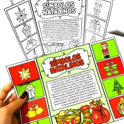 Cartaz com símbolos natalinos coloridos e explicações educativas.
