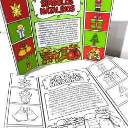 Cartaz com símbolos natalinos coloridos e uma versão em preto e branco para colorir.