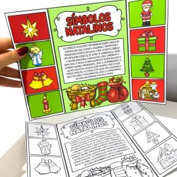 Cartaz com símbolos natalinos coloridos para atividades educativas.