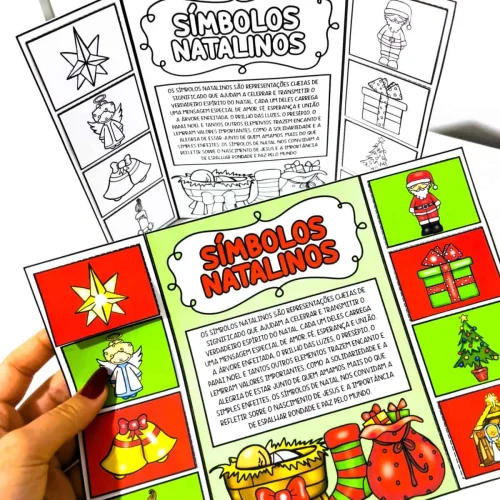 Cartaz com símbolos natalinos coloridos e explicações educativas.