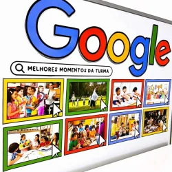Painel com fotos de crianças e atividades escolares na Google.