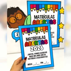 Cartaz de matrícula aberta para 2026 com cores vibrantes e desenho de lápis.